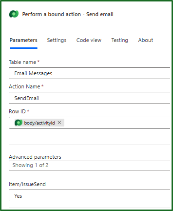 Screenshot of the power automate action "Perform bound action" set to sending an email